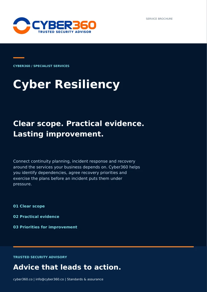 Cyber360 ISO 22301 Cyber Resilience brochure cover