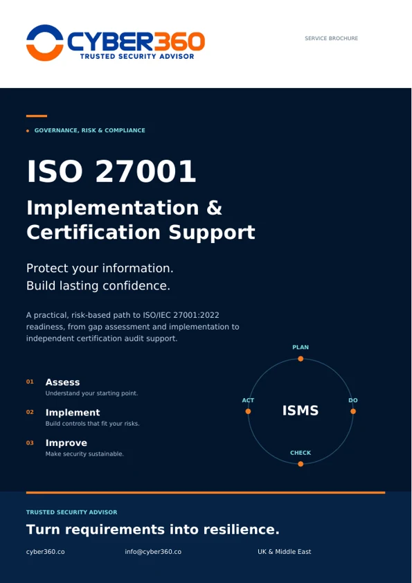 Cyber360 ISO 27001 Implementation and Certification Support brochure cover
