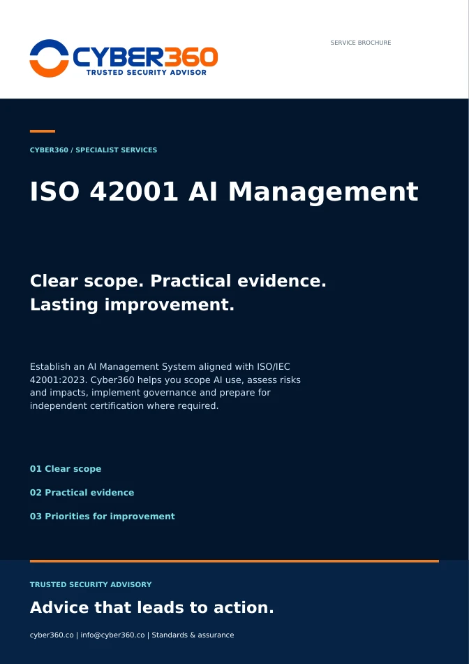 Cyber360 ISO 42001 AI Management brochure cover
