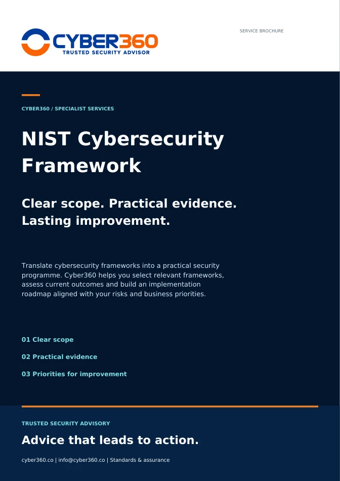 Cyber360 NIST & Cybersecurity Frameworks brochure cover